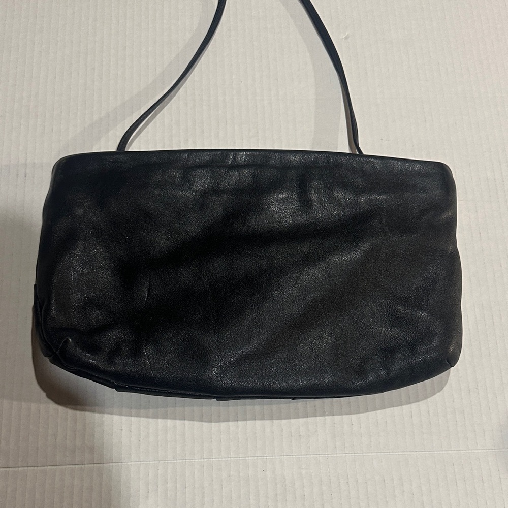 Vintage Brio! Pleated clutch or crossbody Elegant Black Leather Bag pops open - Picture 5 of 10